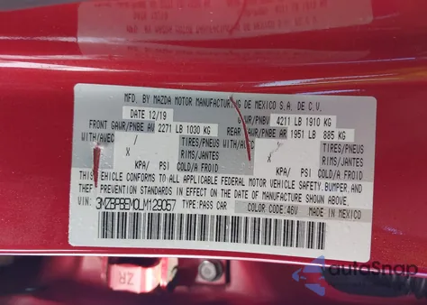 2020 Mazda Mazda3 Premium Package z USA, uszkodzony, nr VIN 3MZBPBEM0LM129057